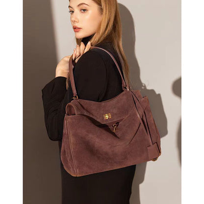 LAYJAY Elegant Suede Satchel with Top Handle and Twist-Lock Closure