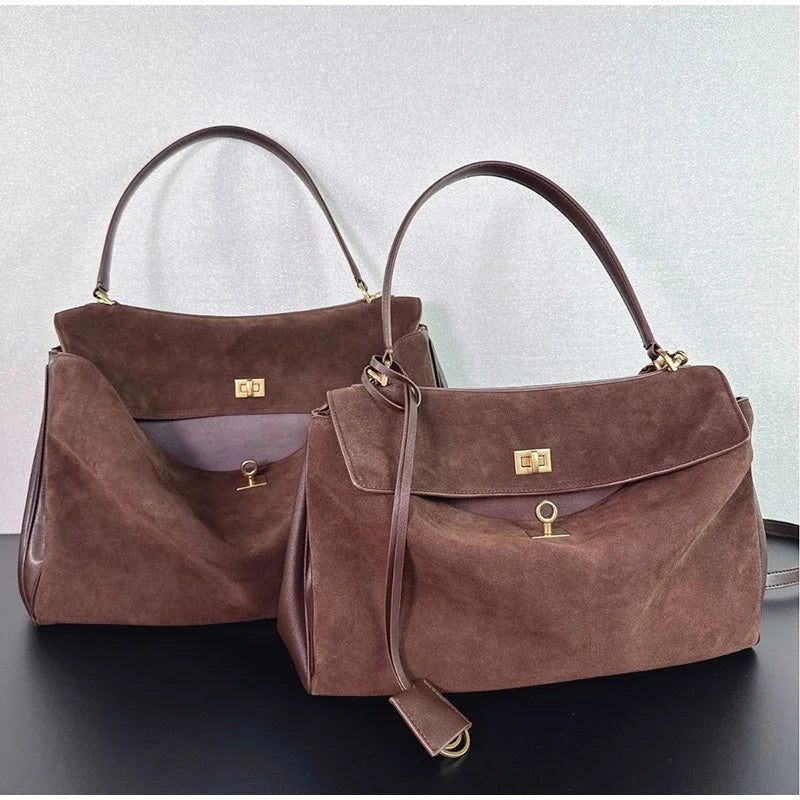 LAYJAY Elegant Suede Satchel with Top Handle and Twist-Lock Closure