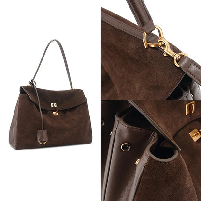 LAYJAY Elegant Suede Satchel with Top Handle and Twist-Lock Closure