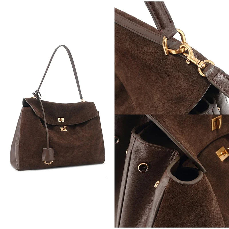 LAYJAY Elegant Suede Satchel with Top Handle and Twist-Lock Closure